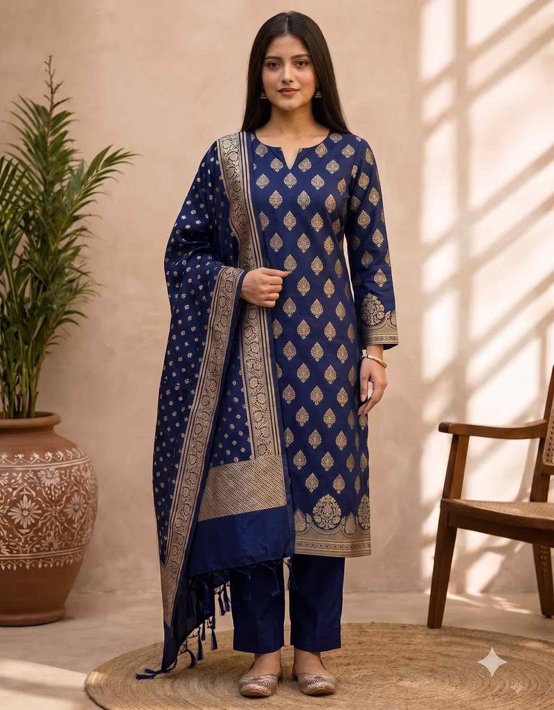 navy blue silk blend 3pcs unstiched dress material with floral boota zari work .