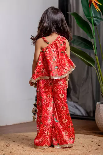 Red printed zarna silk kurti co ord set