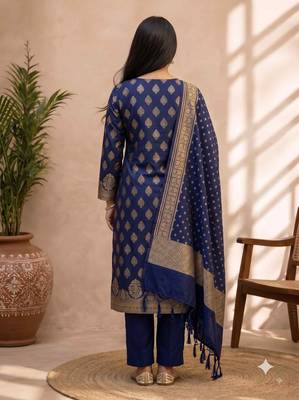 navy blue silk blend 3pcs unstiched dress material with floral boota zari work . 2