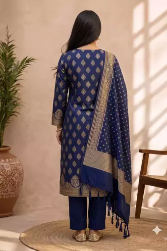navy blue silk blend 3pcs unstiched dress material with floral boota zari work .