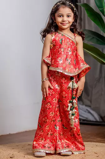 Red printed zarna silk kurti co ord set