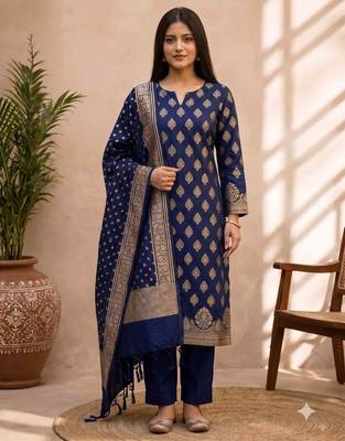 navy blue silk blend 3pcs unstiched dress material with floral boota zari work . 3