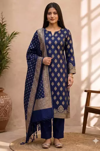 navy blue silk blend 3pcs unstiched dress material with floral boota zari work .