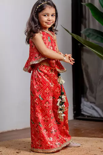 Red printed zarna silk kurti co ord set