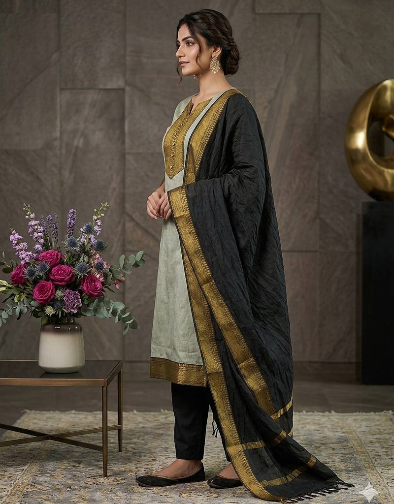 Cream woven jacquard straight kurti dupatta with pant