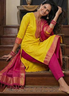 Lemon woven jacquard straight kurti dupatta with pant 3