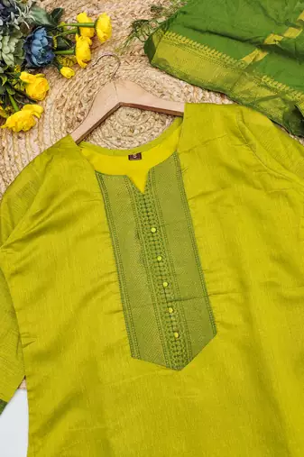 Lemon yellow woven jacquard straight kurti dupatta with pant