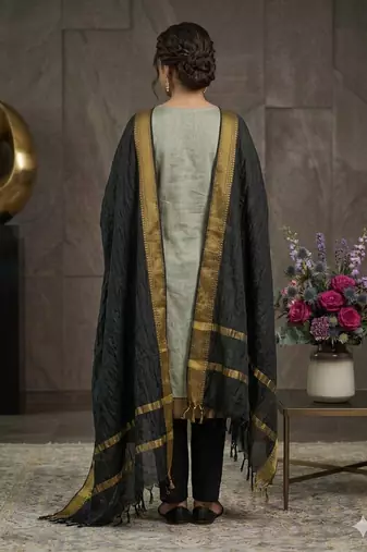 Cream woven jacquard straight kurti dupatta with pant