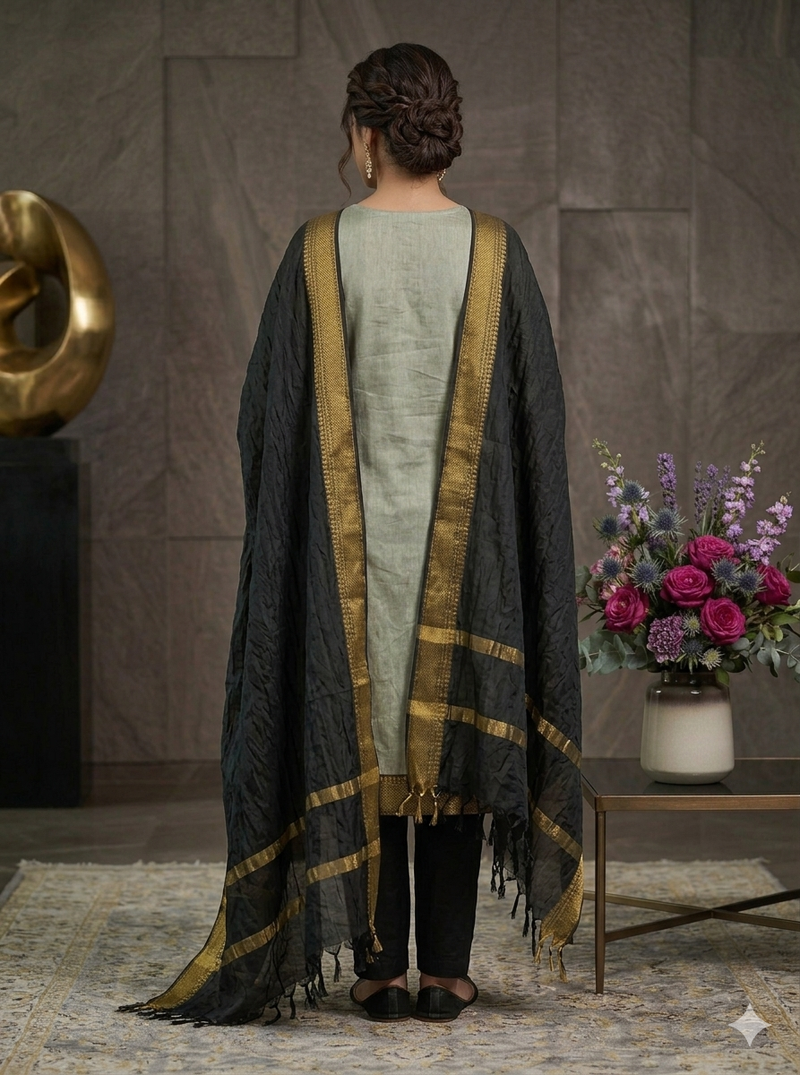 Cream woven jacquard straight kurti dupatta with pant