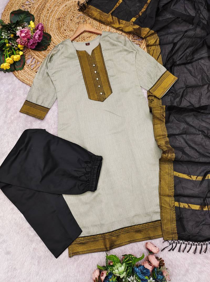 Cream woven jacquard straight kurti dupatta with pant