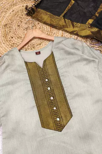Cream woven jacquard straight kurti dupatta with pant