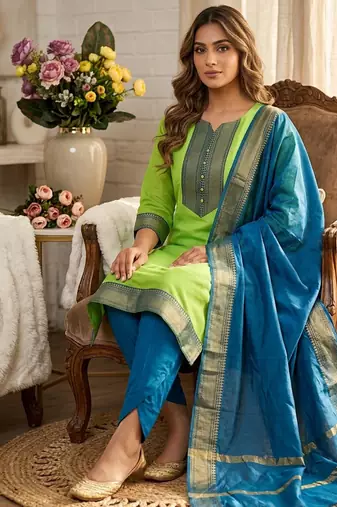 Pista woven jacquard straight kurti dupatta with pant