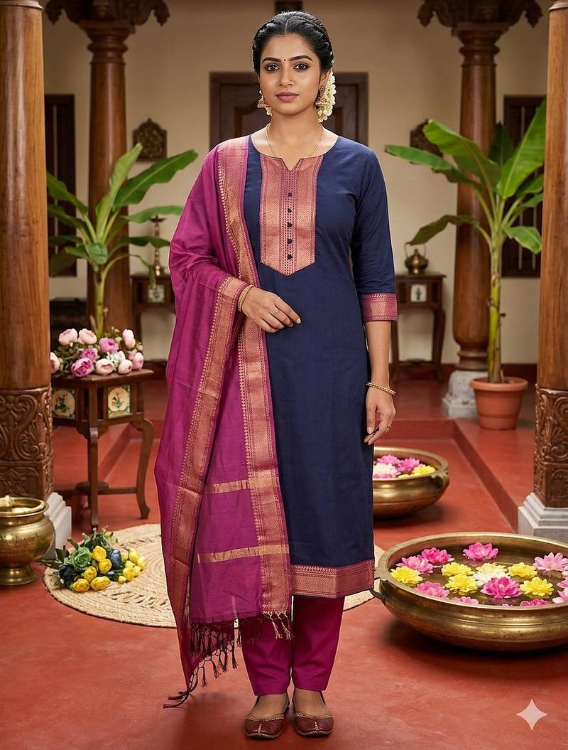 Blue woven jacquard straight kurti dupatta with pant