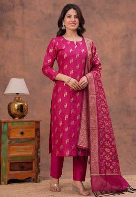rani pink silk blend 3pcs unstiched dress material with floral booti zari work . 1
