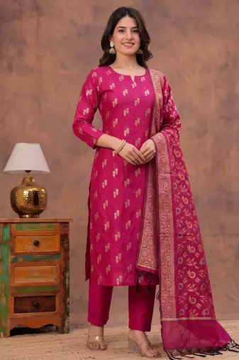 rani pink silk blend 3pcs unstiched dress material with floral booti zari work .