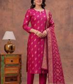 rani pink silk blend 3pcs unstiched dress material with floral booti zari work .
