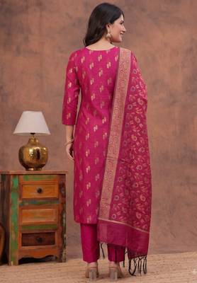 rani pink silk blend 3pcs unstiched dress material with floral booti zari work . 2