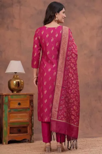 rani pink silk blend 3pcs unstiched dress material with floral booti zari work .