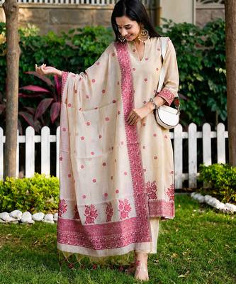 Cream handwoven jamdani kurti with dupatta and pant 1