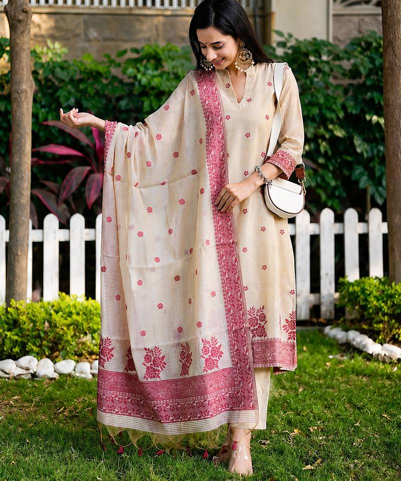 Cream handwoven jamdani kurti with dupatta and pant