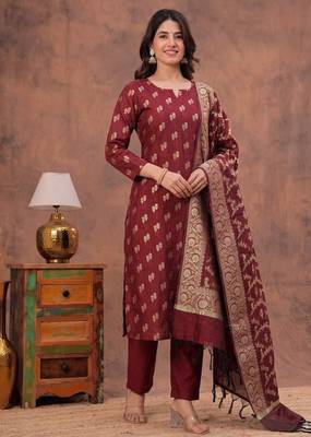 maroon silk blend 3pcs unstiched dress material with floral booti zari work . 1