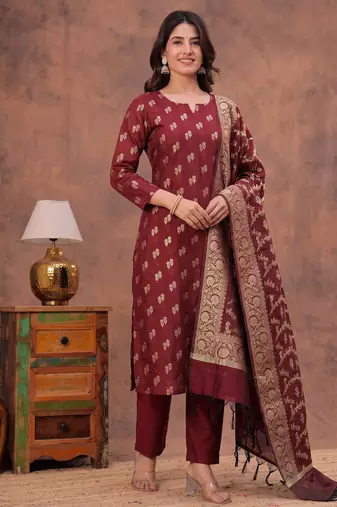 maroon silk blend 3pcs unstiched dress material with floral booti zari work .