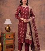maroon silk blend 3pcs unstiched dress material with floral booti zari work .
