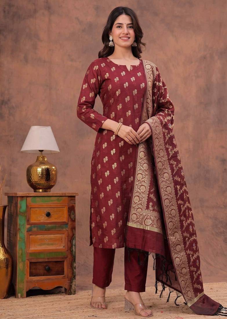 maroon silk blend 3pcs unstiched dress material with floral booti zari work .