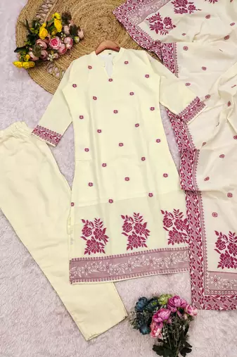 Cream handwoven jamdani kurti with dupatta and pant
