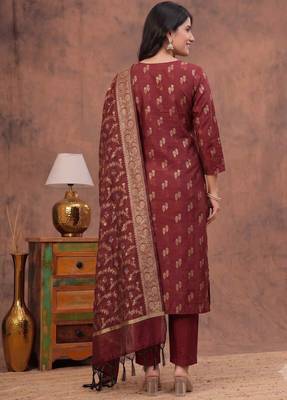 maroon silk blend 3pcs unstiched dress material with floral booti zari work . 2