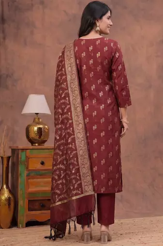 maroon silk blend 3pcs unstiched dress material with floral booti zari work .