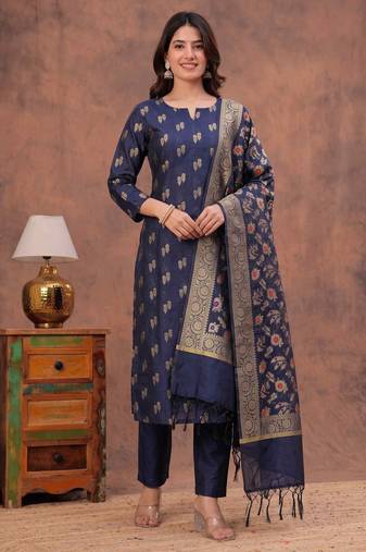 navy blue silk blend 3pcs unstiched dress material with floral booti zari work .