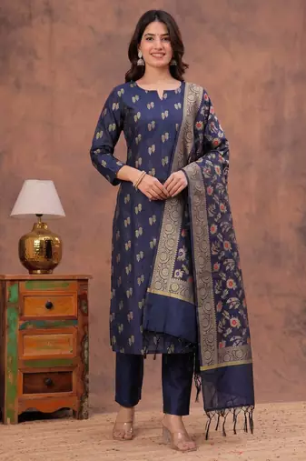 navy blue silk blend 3pcs unstiched dress material with floral booti zari work .