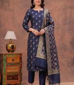 navy blue silk blend 3pcs unstiched dress material with floral booti zari work .