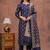 navy blue silk blend 3pcs unstiched dress material with floral booti zari work .