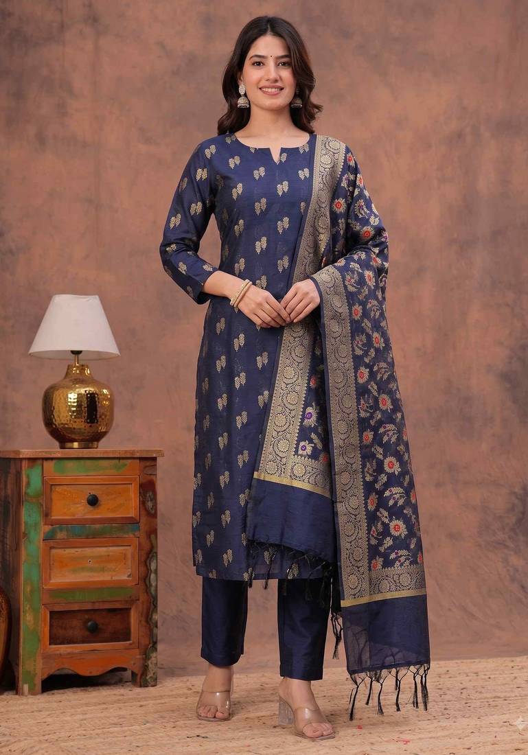 navy blue silk blend 3pcs unstiched dress material with floral booti zari work .
