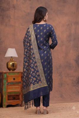 navy blue silk blend 3pcs unstiched dress material with floral booti zari work . 2