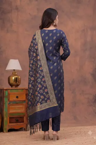 navy blue silk blend 3pcs unstiched dress material with floral booti zari work .