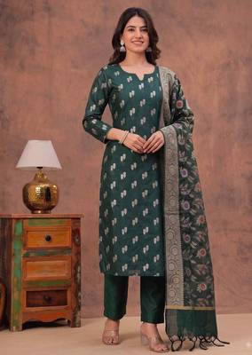 bottle green silk blend 3pcs unstiched dress material with floral booti zari work . 1