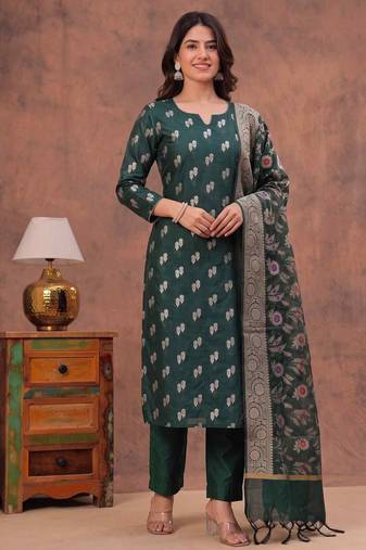 bottle green silk blend 3pcs unstiched dress material with floral booti zari work .