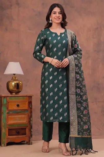 bottle green silk blend 3pcs unstiched dress material with floral booti zari work .