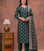 bottle green silk blend 3pcs unstiched dress material with floral booti zari work .