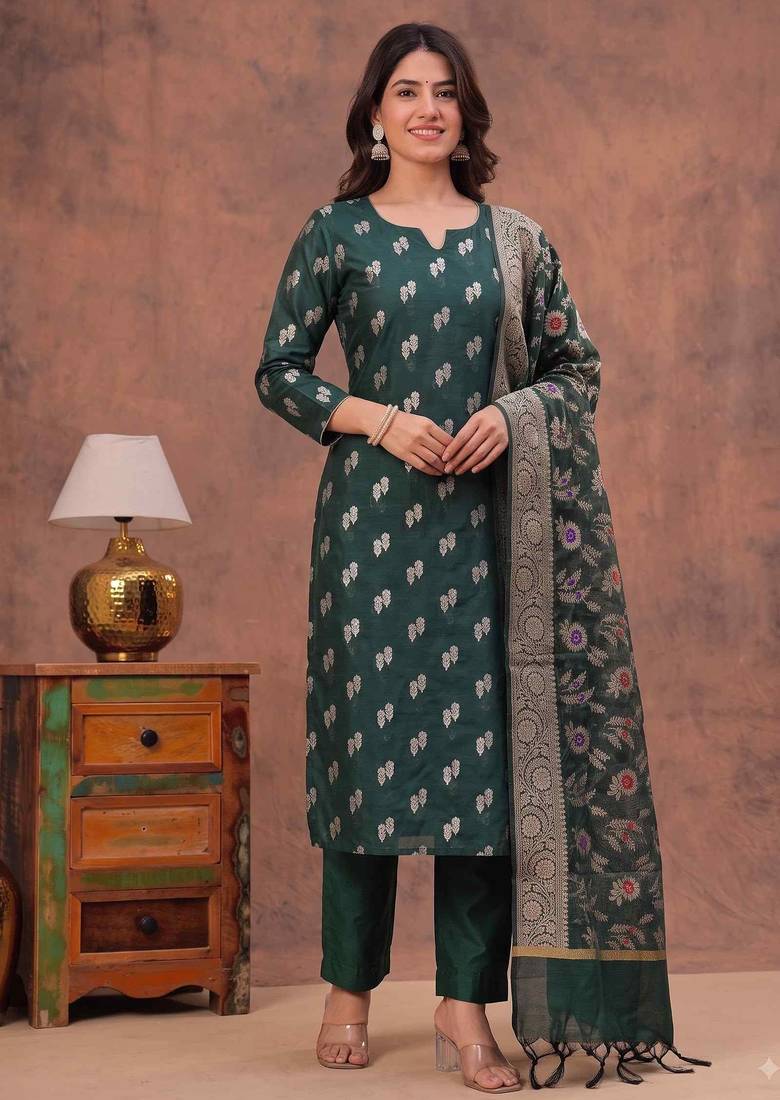 bottle green silk blend 3pcs unstiched dress material with floral booti zari work .