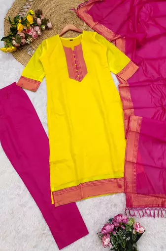 Lemon woven jacquard straight kurti dupatta with pant