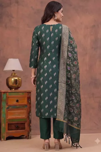 bottle green silk blend 3pcs unstiched dress material with floral booti zari work .