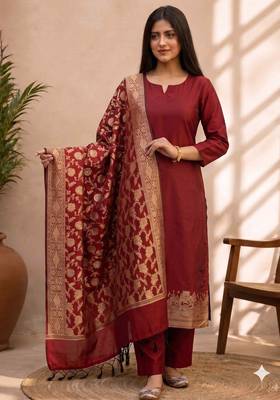 maroon silk blend 3pcs unstiched dress material with  kashi ganga ghat zari work . 1