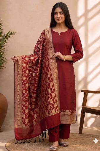 maroon silk blend 3pcs unstiched dress material with  kashi ganga ghat zari work .