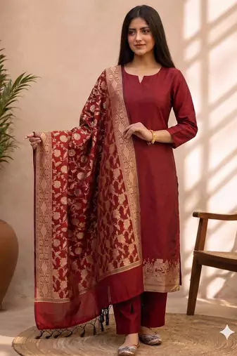 maroon silk blend 3pcs unstiched dress material with  kashi ganga ghat zari work .