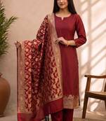 maroon silk blend 3pcs unstiched dress material with  kashi ganga ghat zari work .