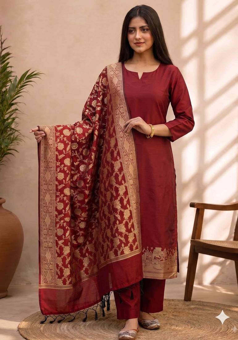 maroon silk blend 3pcs unstiched dress material with  kashi ganga ghat zari work .